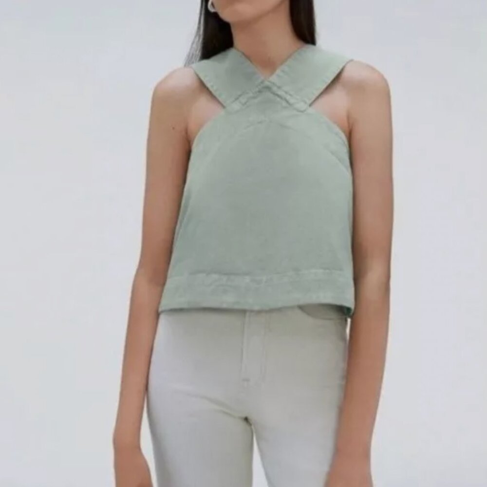 Medium Brown Gray Cross Front Denim Tank